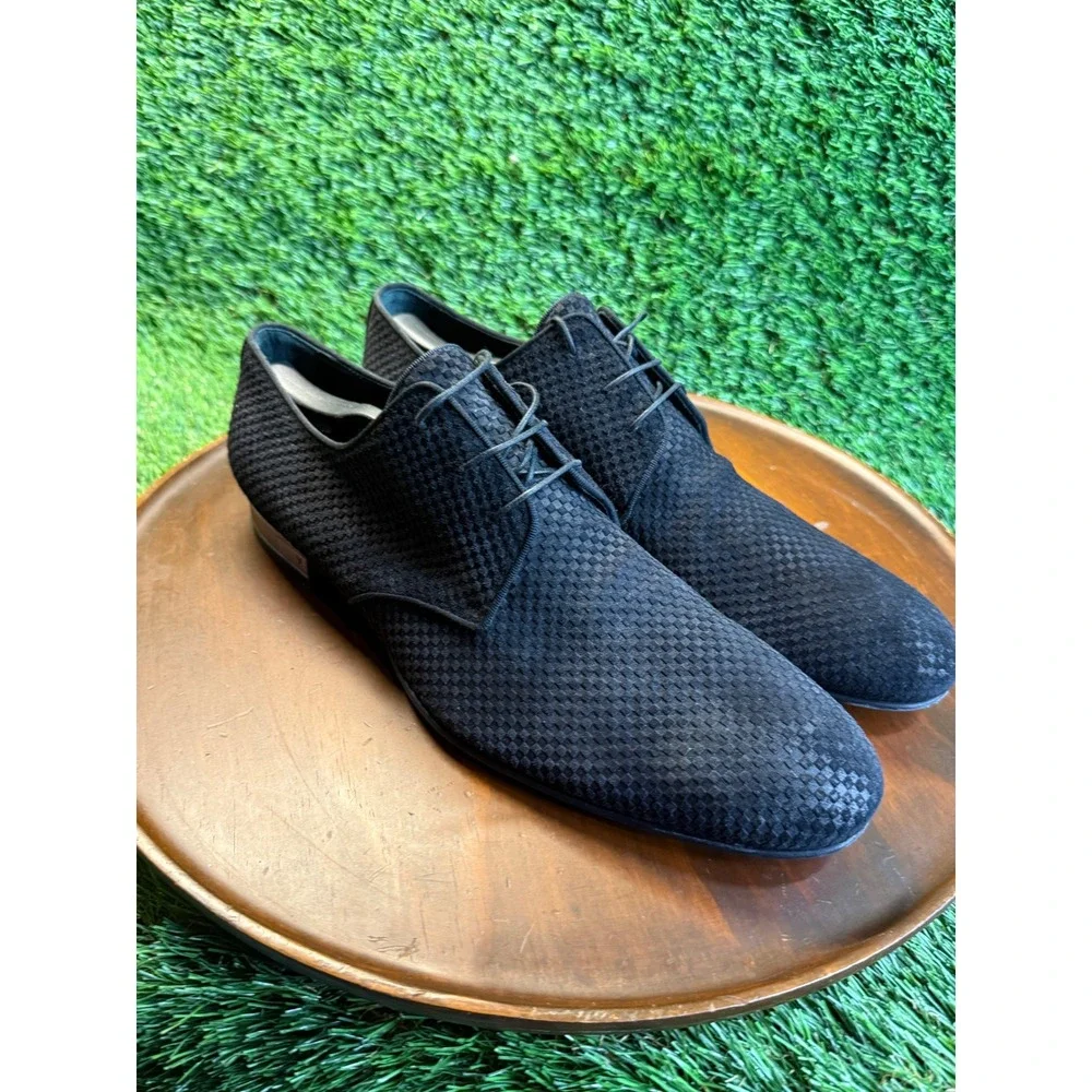 Louis Vuitton Black Damier Infini Suede Derby Dress Shoes LV Logo Heel Italy